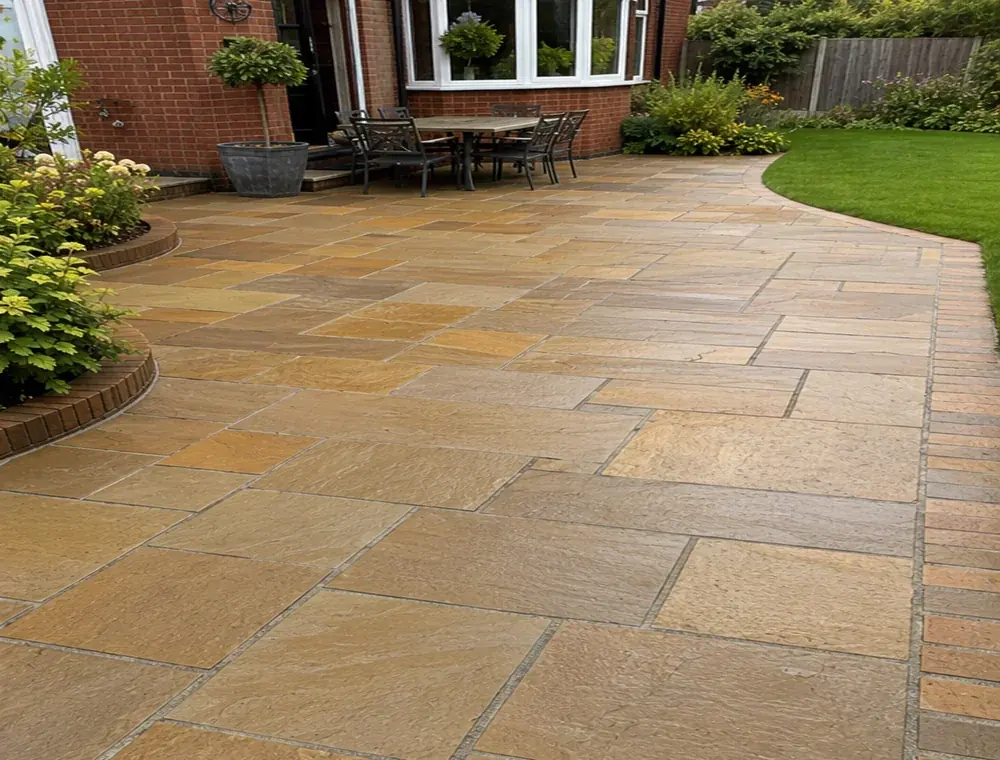 Clean Indian stone patio after pressure washing in Leigh